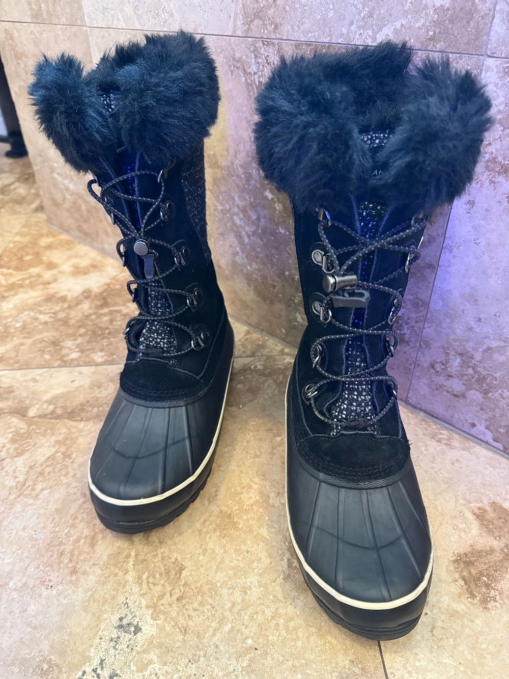 Lands' End Black Faux-Fur Trim Waterproof Winter Boots